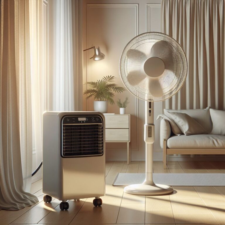 A high-resolution, realistic indoor summer photograph showing a mobile air conditioner and a standin