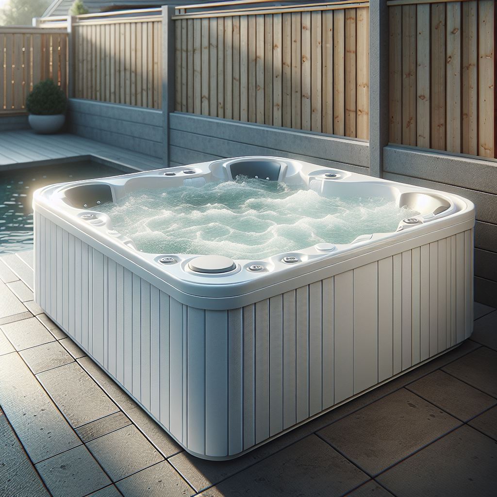 A high-resolution, realistic outdoor photograph of a modern, in-ground or above-ground white jacuzzi