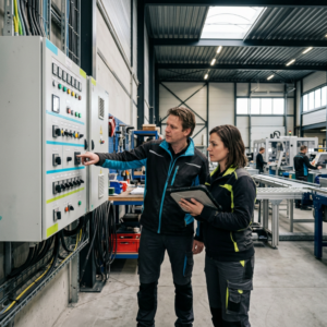 Twee medewerkers stemmen energiegebruik af bij installatie