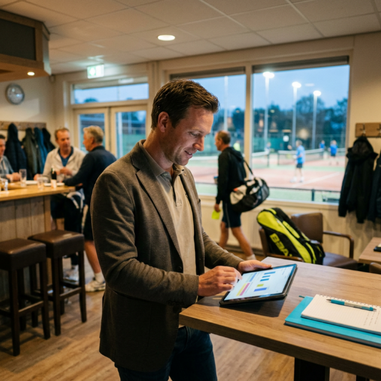 Vrijwilliger van sportclub analyseert energiekosten op tablet terwijl trainingen plaatsvinden