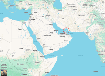 Kaart van de Straat van Hormuz waar veel olie en LNG doorheen gaat tijdens de Iran-oorlog