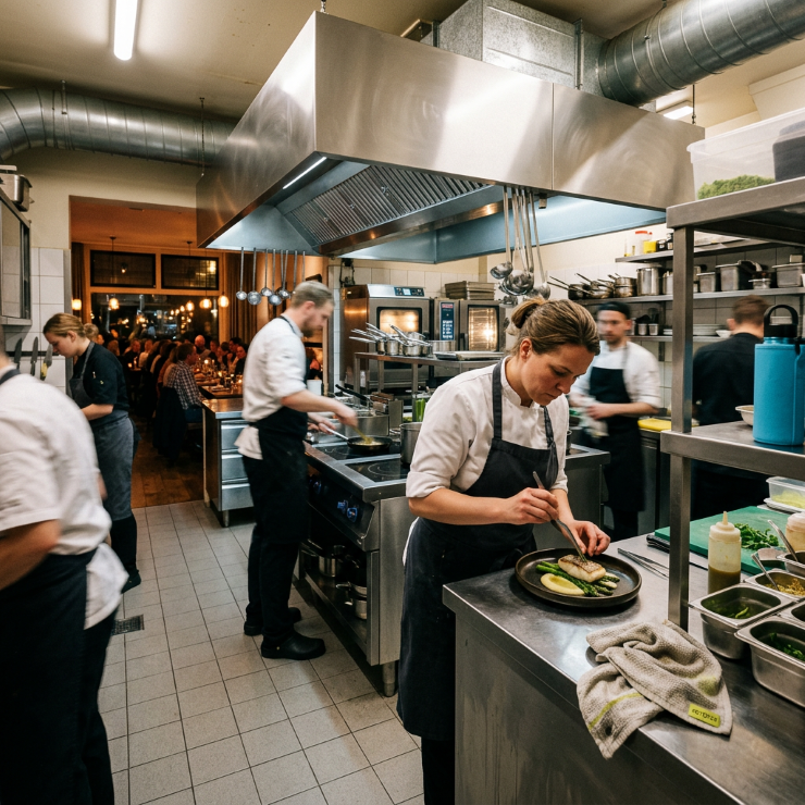 Chef en keukenapparatuur actief tijdens avondservice in restaurant waar energiegebruik piekt