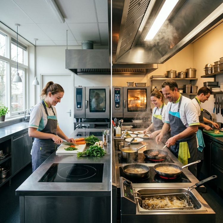 Splitbeeld van rustige keukenvoorbereiding en drukke dinerperiode in restaurant