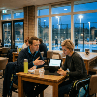 Twee professionals analyseren energiekosten en piekverbruik bij een Nederlandse sportclub in de avond