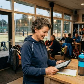 Vrijwilliger in clubhuis van Nederlandse sportvereniging bekijkt energiekosten op tablet terwijl buiten padelbanen verlicht zijn.