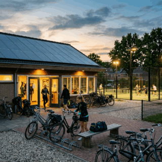 Sportclub met zonnepanelen en batterijopslag die zonne-energie gebruikt tijdens avondtrainingen
