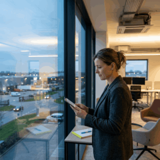 Manager bekijkt energiedata op tablet in kantoor bij schemering