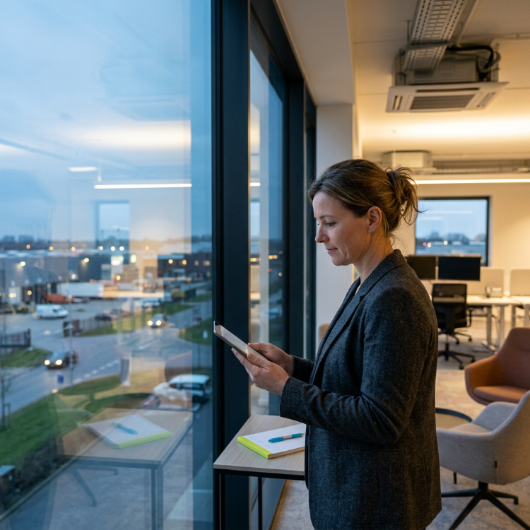 Manager bekijkt energiedata op tablet in kantoor bij schemering
