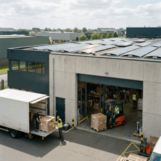 Logistiek bedrijfspand met zonnepanelen en actieve laadruimte