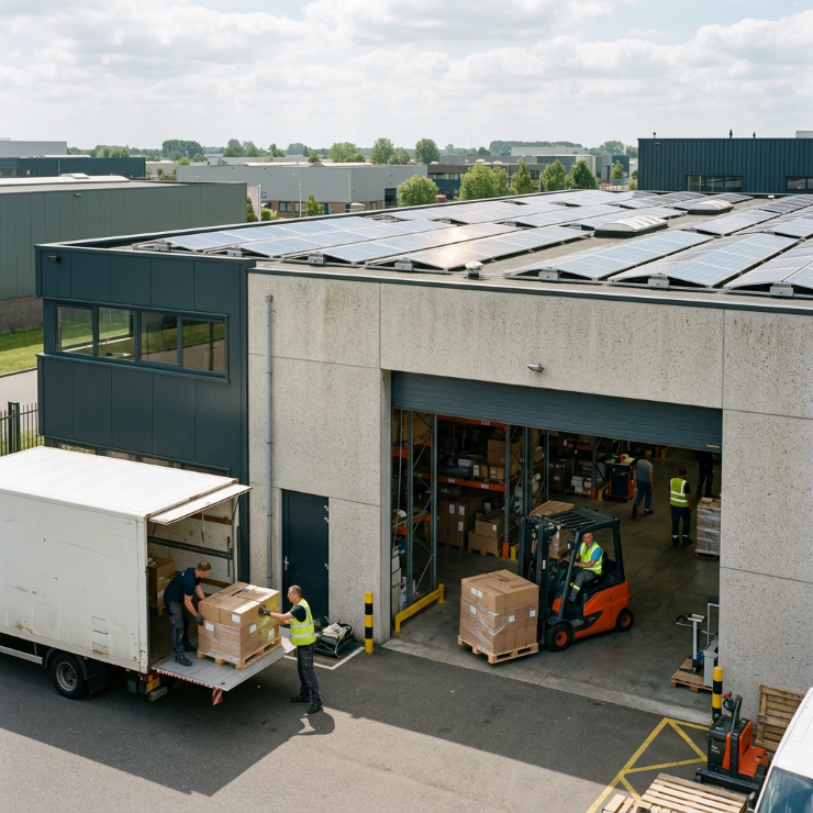 Logistiek bedrijfspand met zonnepanelen en actieve laadruimte