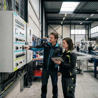 Twee medewerkers stemmen energiegebruik af bij installatie