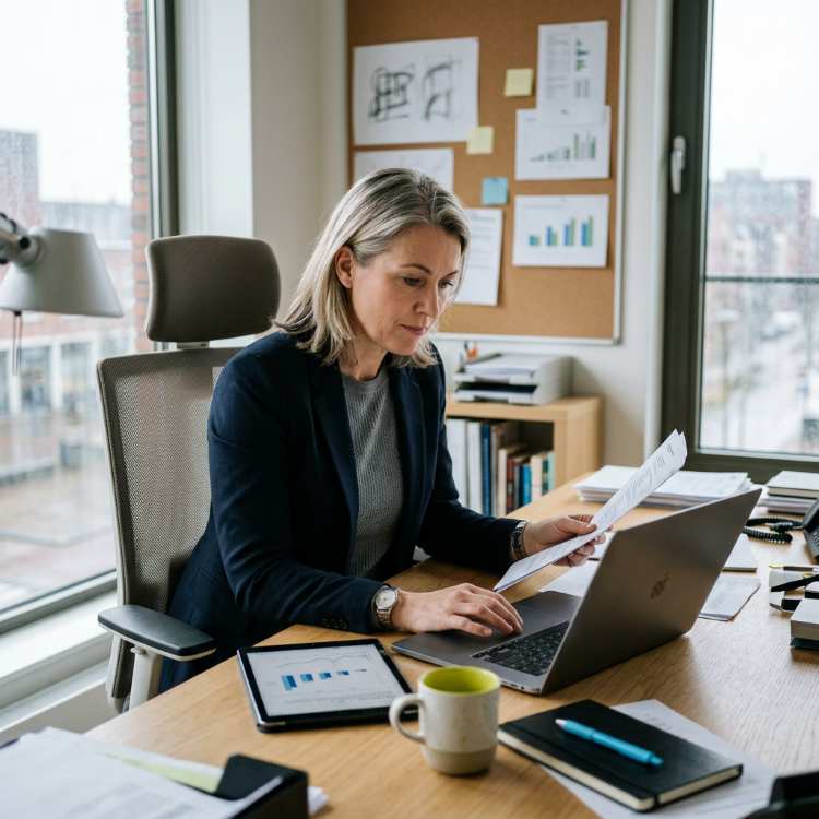 Manager vergelijkt energiecontracten op laptop en tablet