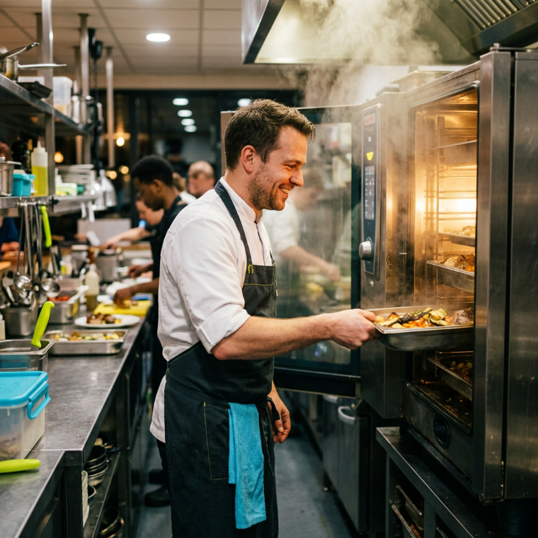 Chef gebruikt professionele oven in restaurantkeuken waar veel energie wordt verbruikt