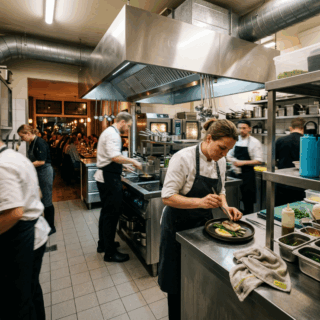 Chef en keukenapparatuur actief tijdens avondservice in restaurant waar energiegebruik piekt