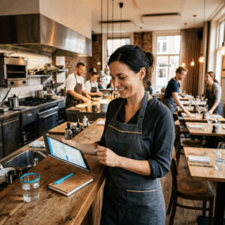 Horecaondernemer bekijkt energiekosten op tablet met enthousiast team in restaurant