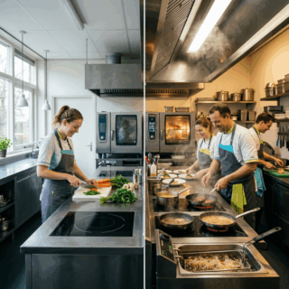 Splitbeeld van rustige keukenvoorbereiding en drukke dinerperiode in restaurant